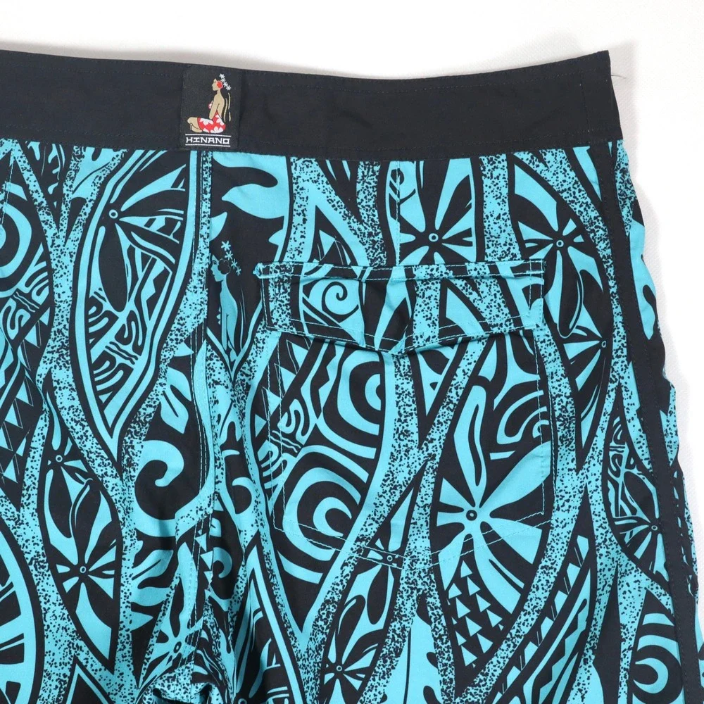Hinano Tahiti Board Shorts Mens 32 Turquoise Black Tribal Print Stretch Surfing